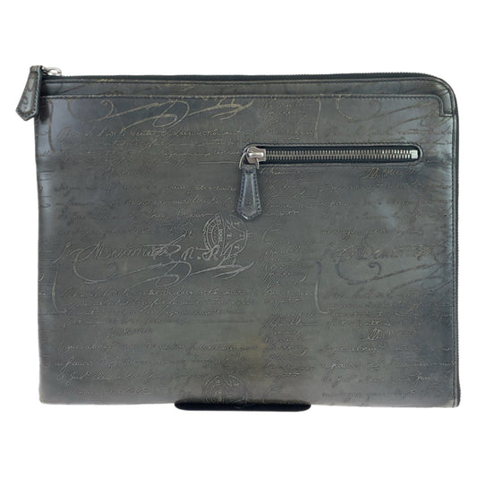 11040
 Berluti Calligraphy Au Grand Jour Grey Gunmetal Hardware Leather Clutch Bag Second Bag Men's