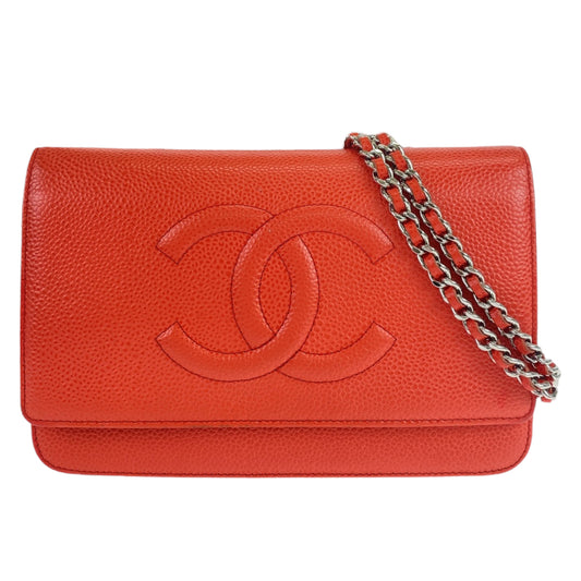 11045
CHANEL シャネル ココマーク オレンジ レッド 赤 シルバー金具 キャビアスキン ショルダーバッグ 斜め掛け  レディース