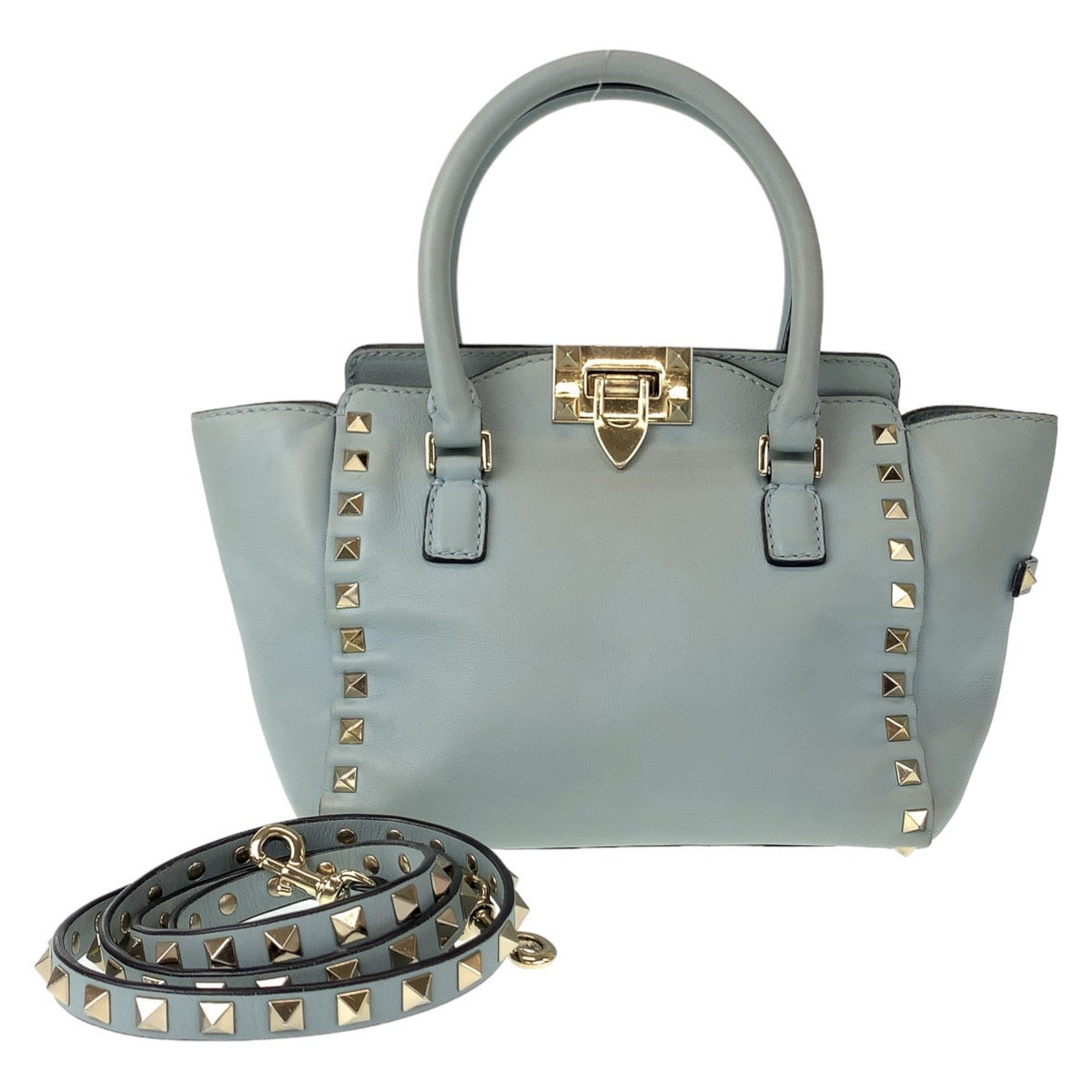 11048
VALENTINO ヴァレンティノ ロックスタッズ グリーン ミントグリーン ゴールド金具 レザー ショルダーバッグ ハンドバッグ 2way  レディース