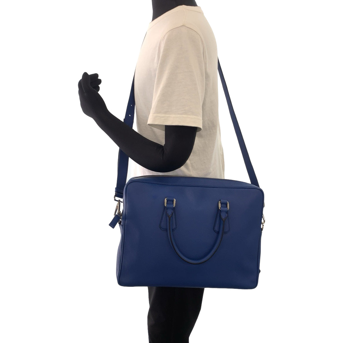 PRADA Prada Saffiano Blue Silver Hardware Leather 2VE368 Shoulder Bag Business Bag Men's