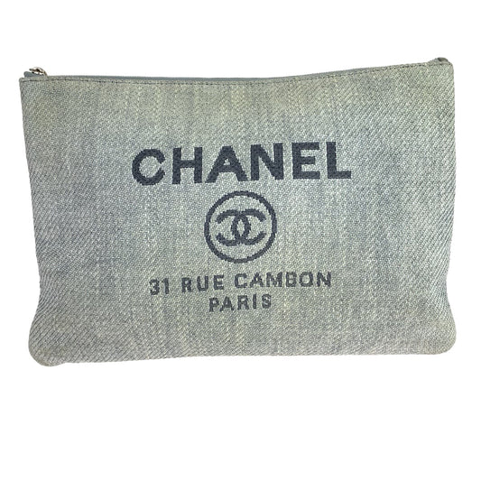 11059
 CHANEL Cruise Line Deauville Coco Mark Grey Silver Hardware Canvas Clutch Bag Second Bag Pouch Women's