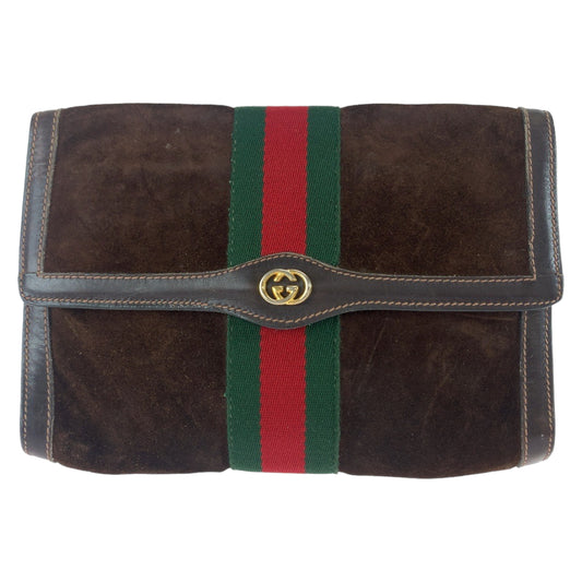 11079
GUCCI グッチ ヴィンテージ オールドグッチ シェリーライン ブラウン レッド グリーン スウェード / レザー 37 0393088 クラッチバッグ セカンドバッグ  メンズ