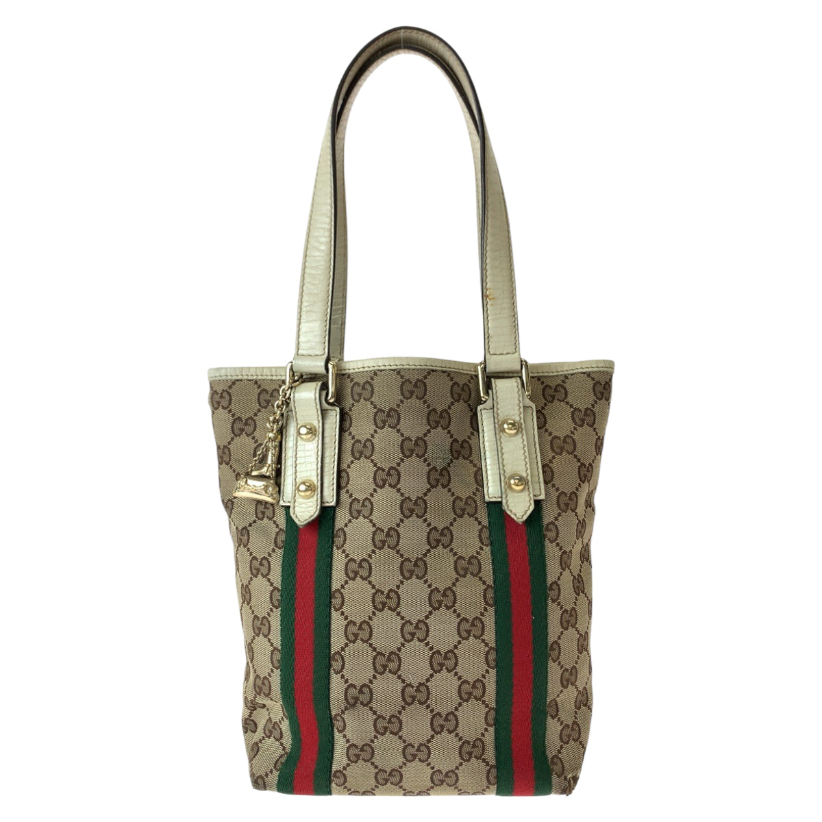 11100
GUCCI グッチ シェリーライン チャーム付き ブラウン アイボリー ゴールド金具 GGキャンバス / レザー 162898 トートバッグ ショルダーバッグ  レディース