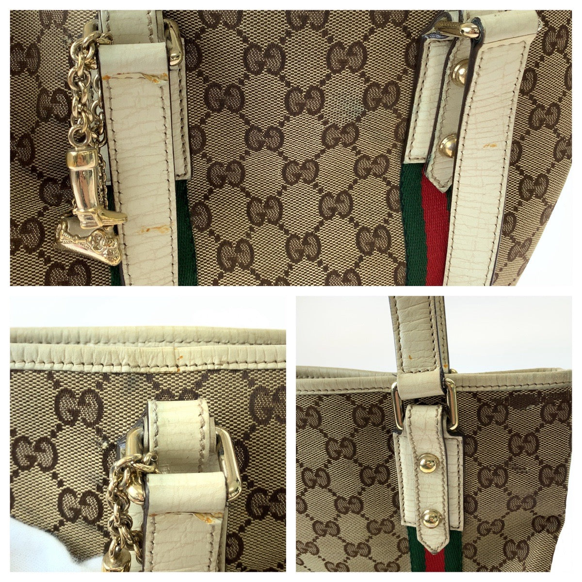 11100
GUCCI グッチ シェリーライン チャーム付き ブラウン アイボリー ゴールド金具 GGキャンバス / レザー 162898 トートバッグ ショルダーバッグ  レディース