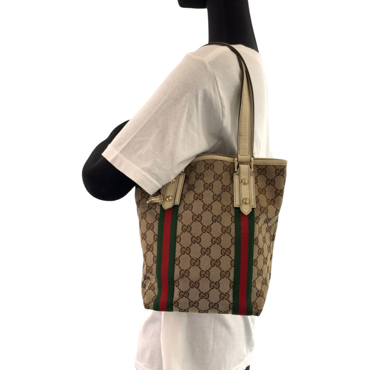 11100
GUCCI グッチ シェリーライン チャーム付き ブラウン アイボリー ゴールド金具 GGキャンバス / レザー 162898 トートバッグ ショルダーバッグ  レディース