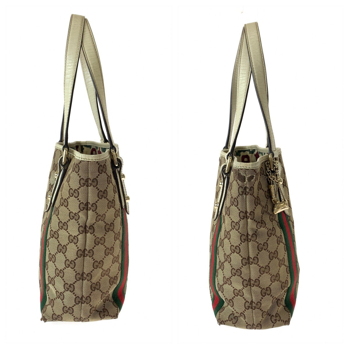 11100
GUCCI グッチ シェリーライン チャーム付き ブラウン アイボリー ゴールド金具 GGキャンバス / レザー 162898 トートバッグ ショルダーバッグ  レディース