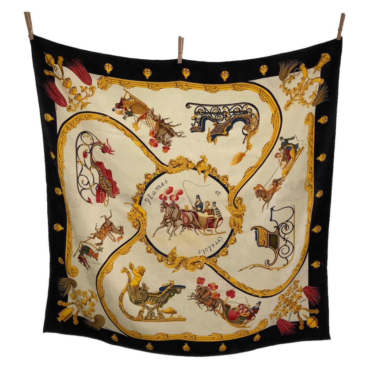 11130
HERMES エルメス Plumes et Grelots カレ90 ホワイト マルチカラー シルク スカーフ  レディース