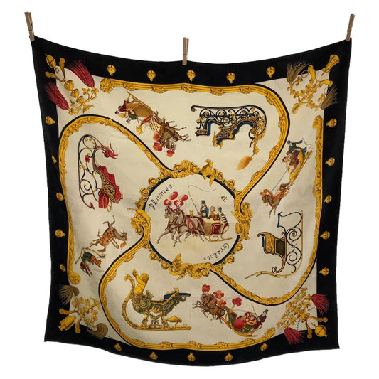 11130
HERMES エルメス Plumes et Grelots カレ90 ホワイト マルチカラー シルク スカーフ  レディース