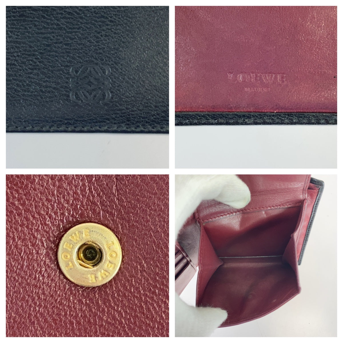 LOEWE ロエベ アナグラム ブラック 黒 ボルドー ワインレッド レザー 二つ折り財布 コンパクトウォレット  メンズ