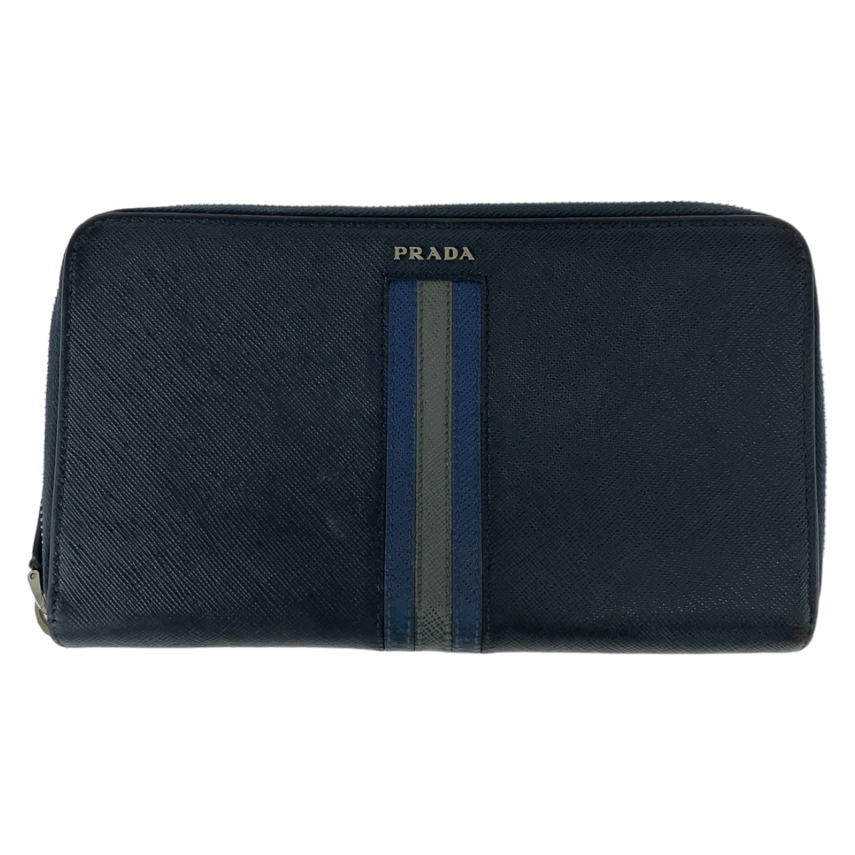 PRADA Prada Saffiano Navy Silver Hardware Leather Long Wallet Double Zip Round Zipper Organizer Men's