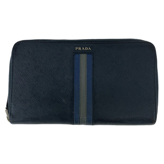 PRADA Prada Saffiano Navy Silver Hardware Leather Long Wallet Double Zip Round Zipper Organizer Men's