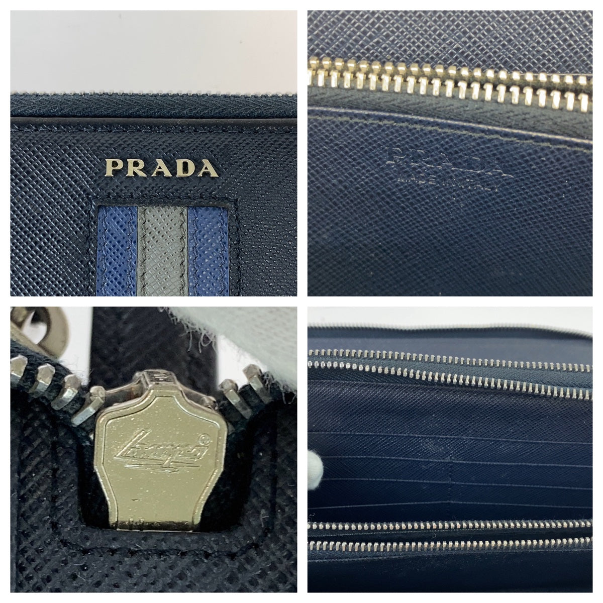 PRADA Prada Saffiano Navy Silver Hardware Leather Long Wallet Double Zip Round Zipper Organizer Men's