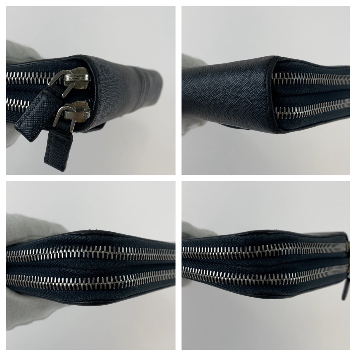 PRADA Prada Saffiano Navy Silver Hardware Leather Long Wallet Double Zip Round Zipper Organizer Men's