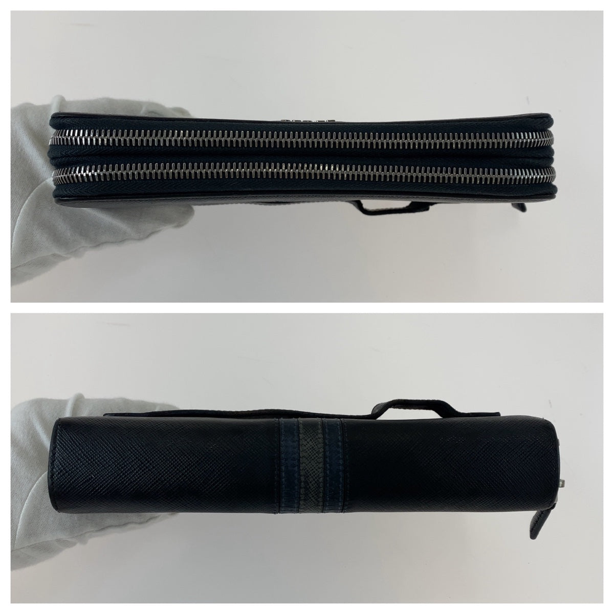 PRADA Prada Saffiano Navy Silver Hardware Leather Long Wallet Double Zip Round Zipper Organizer Men's