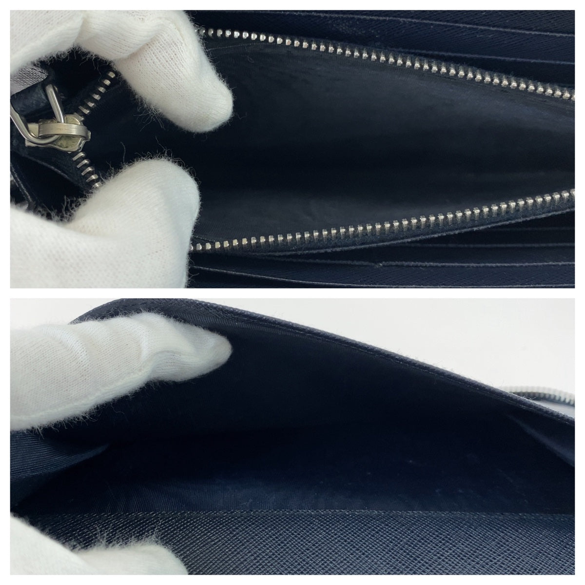 PRADA Prada Saffiano Navy Silver Hardware Leather Long Wallet Double Zip Round Zipper Organizer Men's