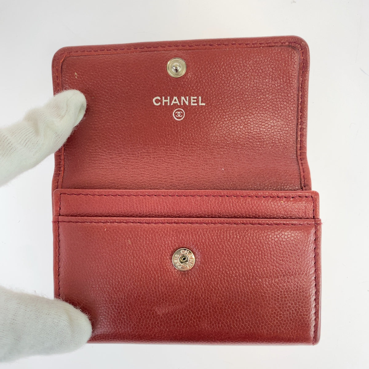 CHANEL シャネル ココマーク レッド 赤 ボルドー シルバー金具 キャビアスキン カードケース 名刺入れ  レディース