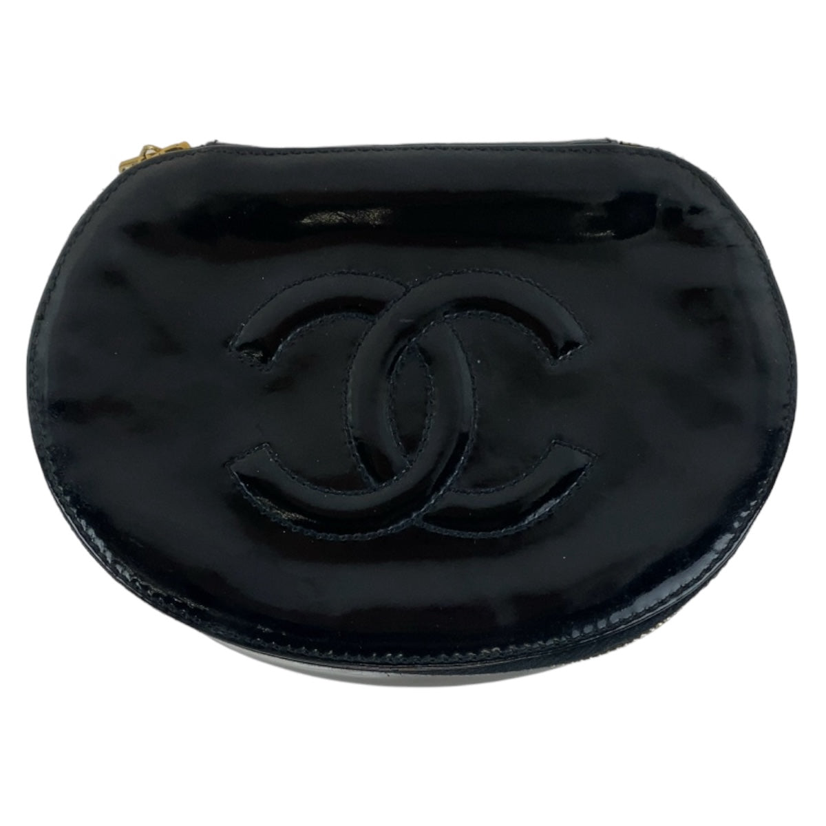 11138
CHANEL シャネル ココマーク 鏡付き ブラック 黒 ゴールド金具 エナメル ポーチ 小物入れ  レディース