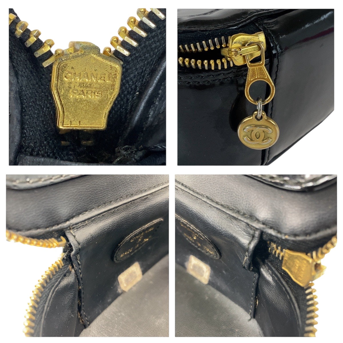 11138
CHANEL シャネル ココマーク 鏡付き ブラック 黒 ゴールド金具 エナメル ポーチ 小物入れ  レディース