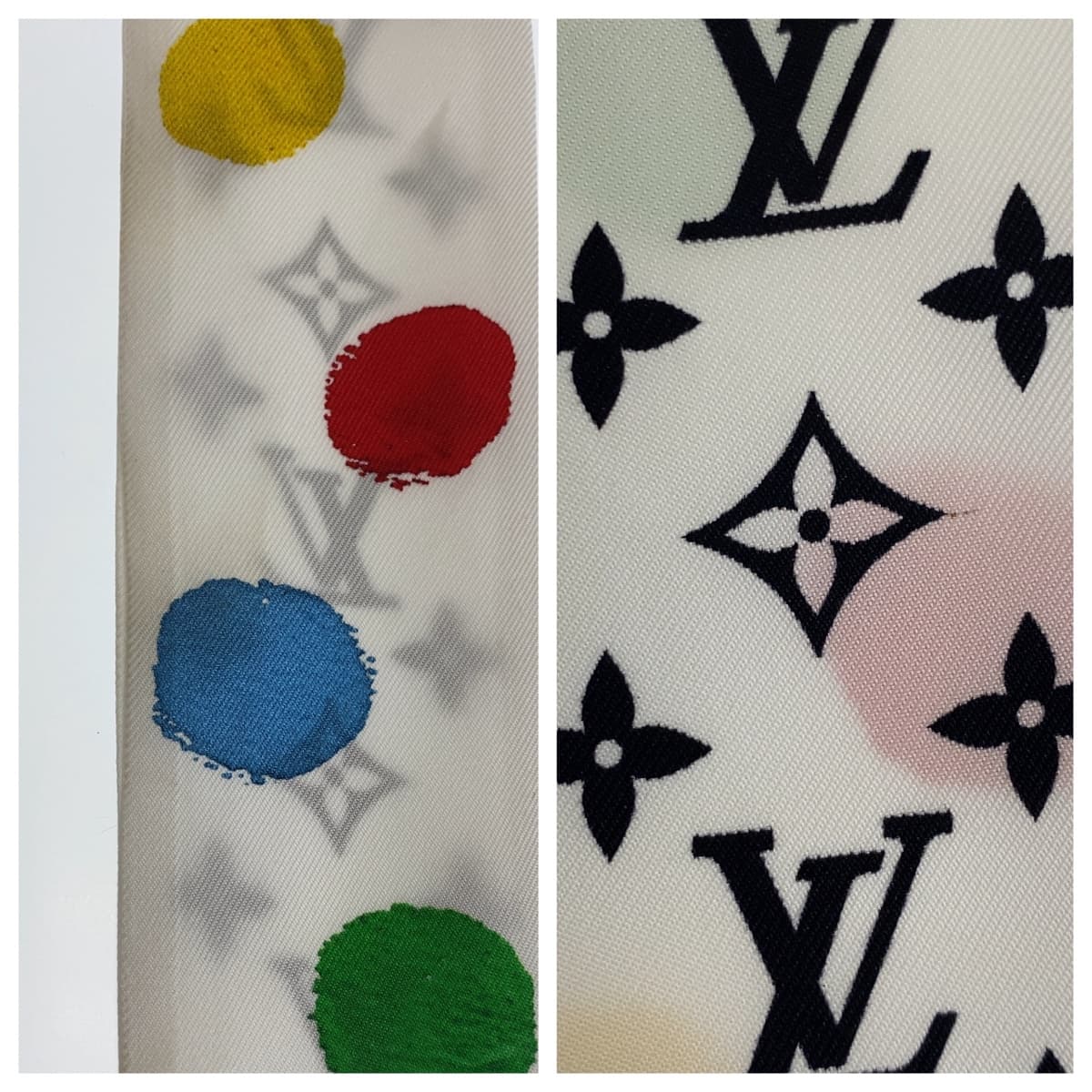 11140
LOUIS VUITTON ルイヴィトン バンドーBB ペインティッド ドット LV×YK ホワイト マルチカラー シルク M78284 スカーフ リボンスカーフ  レディース
