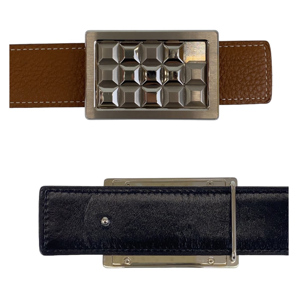 11145
 HERMES Hermes Stud Buckle Gold Camel Brown Silver Hardware Togo / Box Calf Belt □P Engraved Men's