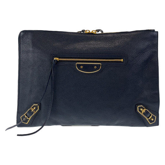 BALENCIAGA バレンシアガ クラシック メタルエッジ ネイビー ゴールド金具 レザー クラッチバッグ  メンズ