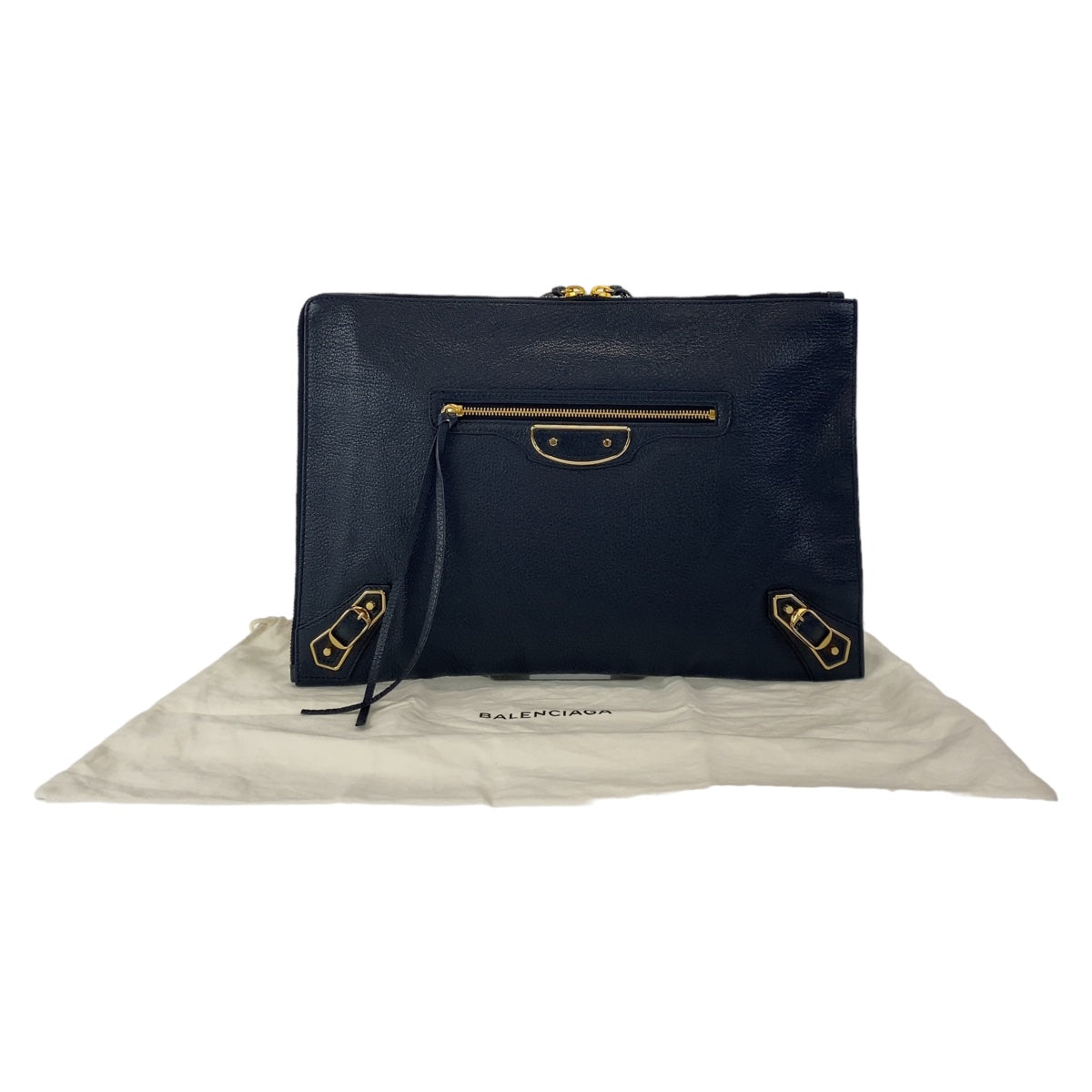 BALENCIAGA バレンシアガ クラシック メタルエッジ ネイビー ゴールド金具 レザー クラッチバッグ  メンズ