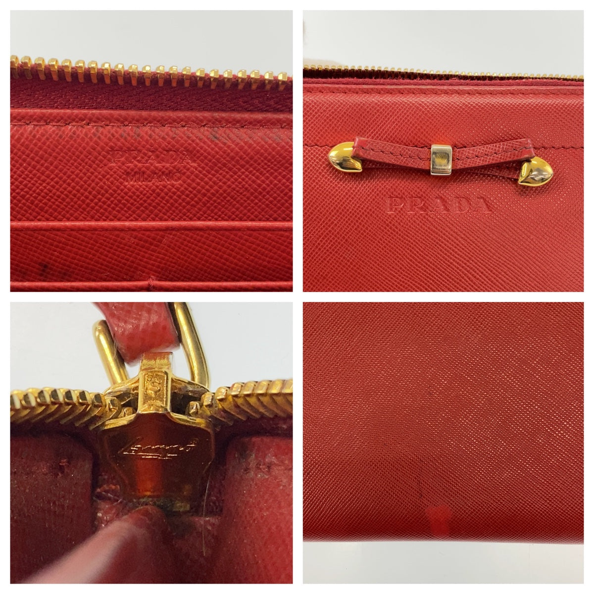 11161
PRADA プラダ サフィアーノレザー リボン レッド ゴールド金具 レザー 長財布 ラウンドファスナー  レディース
