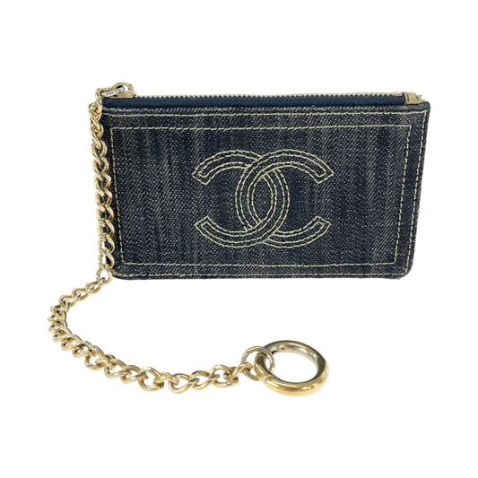 12476
CHANEL シャネル スパークリングデニム ココマーク デニム ブルー ゴールド金具 デニム チェーン付き コインケース 小銭入れ  レディース