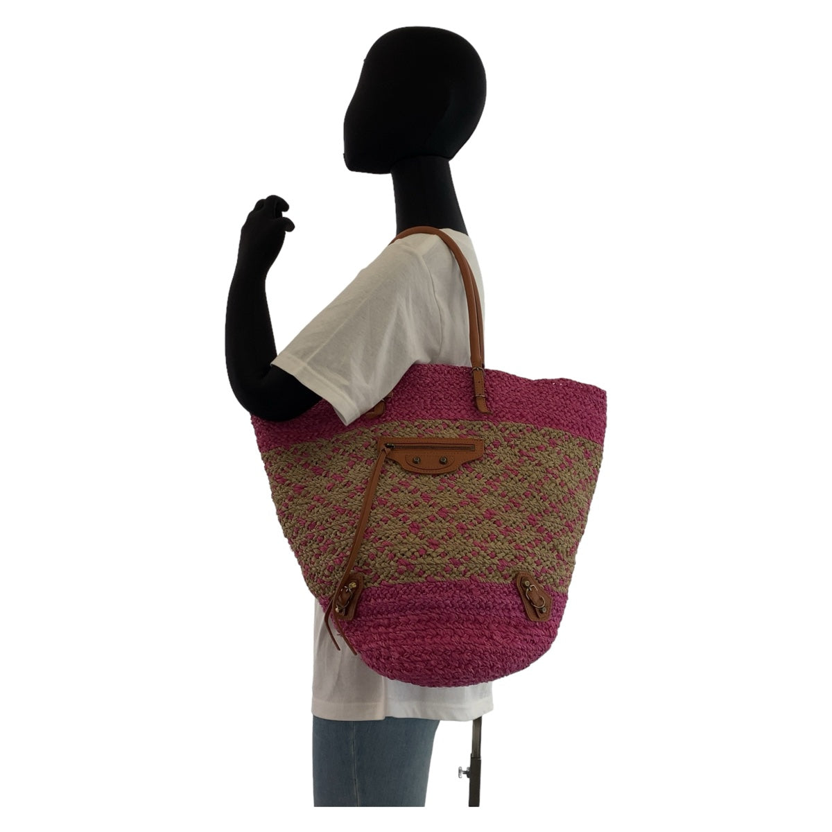 11175
BALENCIAGA バレンシアガ ピンク ベージュ ゴールド金具 ストロー / レザー かごバッグ トートバッグ ショルダーバッグ  レディース