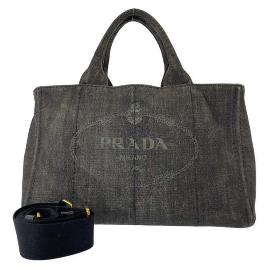 11182
 PRADA Prada Canapa Triangle Logo Plate Grey Gold Hardware Cotton Denim 2way Tote Bag Crossbody Shoulder Bag Women's