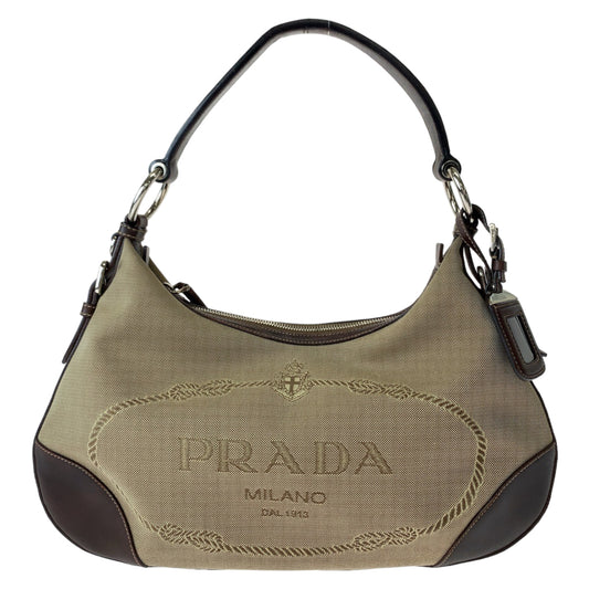 11187
PRADA プラダ ロゴジャガード ベージュ ブラウン 茶 シルバー金具 レザー / キャンバス BR3423 ホーボー ショルダーバッグ  レディース