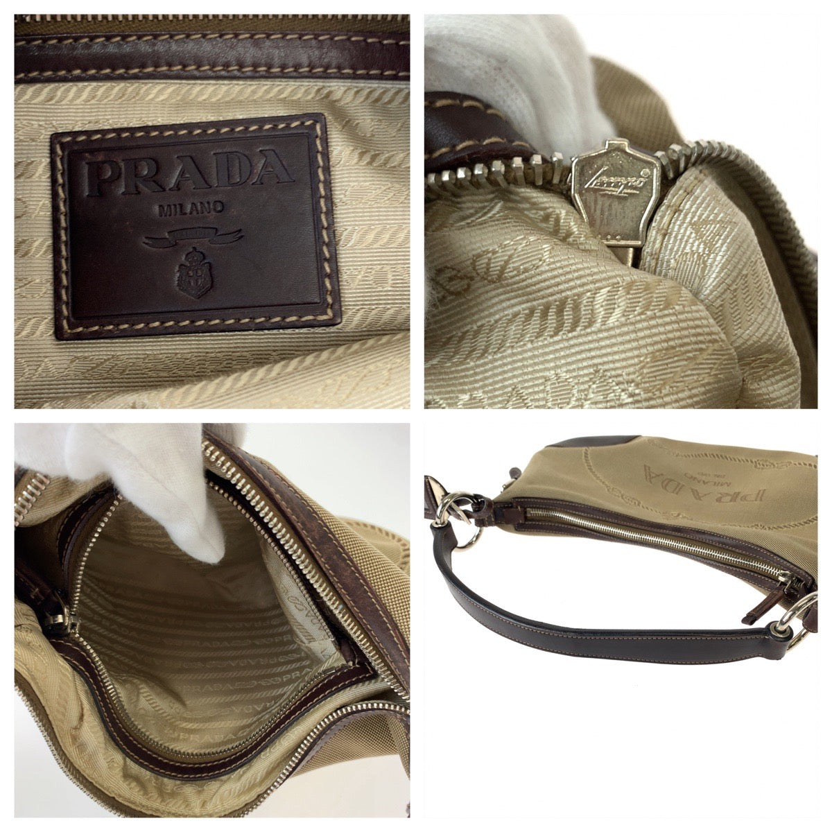 11187
PRADA プラダ ロゴジャガード ベージュ ブラウン 茶 シルバー金具 レザー / キャンバス BR3423 ホーボー ショルダーバッグ  レディース