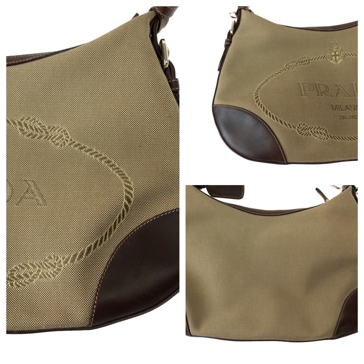 11187
PRADA プラダ ロゴジャガード ベージュ ブラウン 茶 シルバー金具 レザー / キャンバス BR3423 ホーボー ショルダーバッグ  レディース