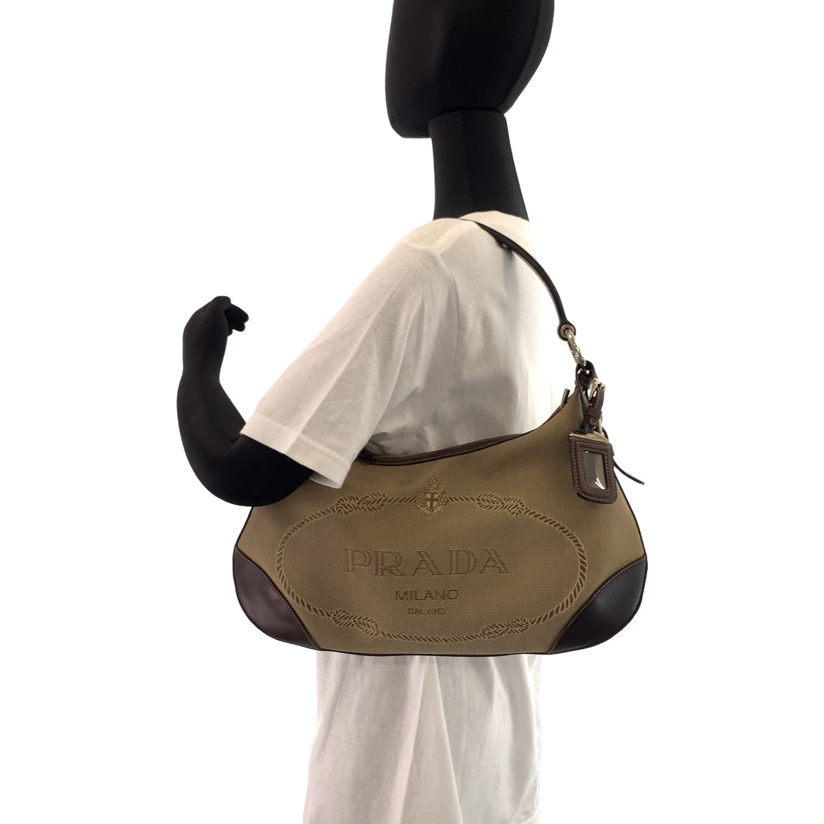 11187
PRADA プラダ ロゴジャガード ベージュ ブラウン 茶 シルバー金具 レザー / キャンバス BR3423 ホーボー ショルダーバッグ  レディース