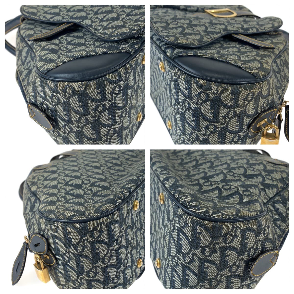 Dior ディオール トロッター サドルバッグ ネイビー 紺 グレー ゴールド金具 キャンバス / レザー MA 1001 ハンドバッグ トートバッグ  レディース