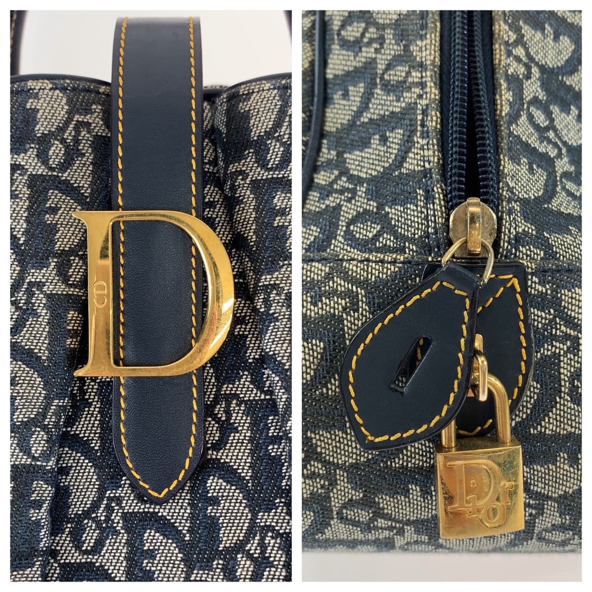 Dior ディオール トロッター サドルバッグ ネイビー 紺 グレー ゴールド金具 キャンバス / レザー MA 1001 ハンドバッグ トートバッグ  レディース