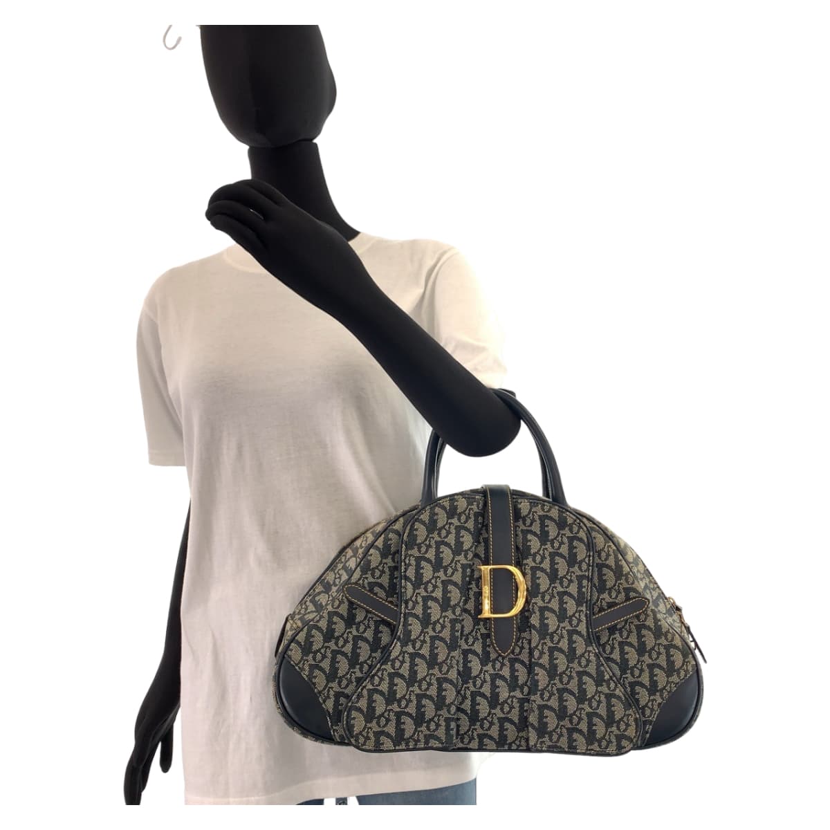 Dior ディオール トロッター サドルバッグ ネイビー 紺 グレー ゴールド金具 キャンバス / レザー MA 1001 ハンドバッグ トートバッグ  レディース