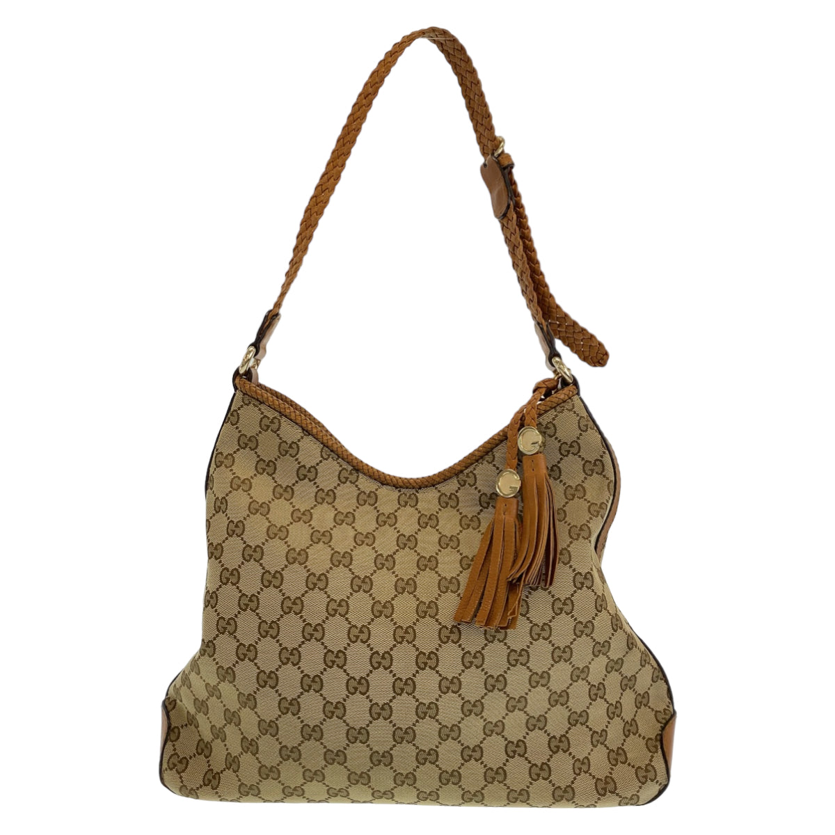 11195
GUCCI グッチ フリンジ ブラウン ゴールド金具 GGキャンバス / レザー ホーボー ショルダーバッグ  レディース