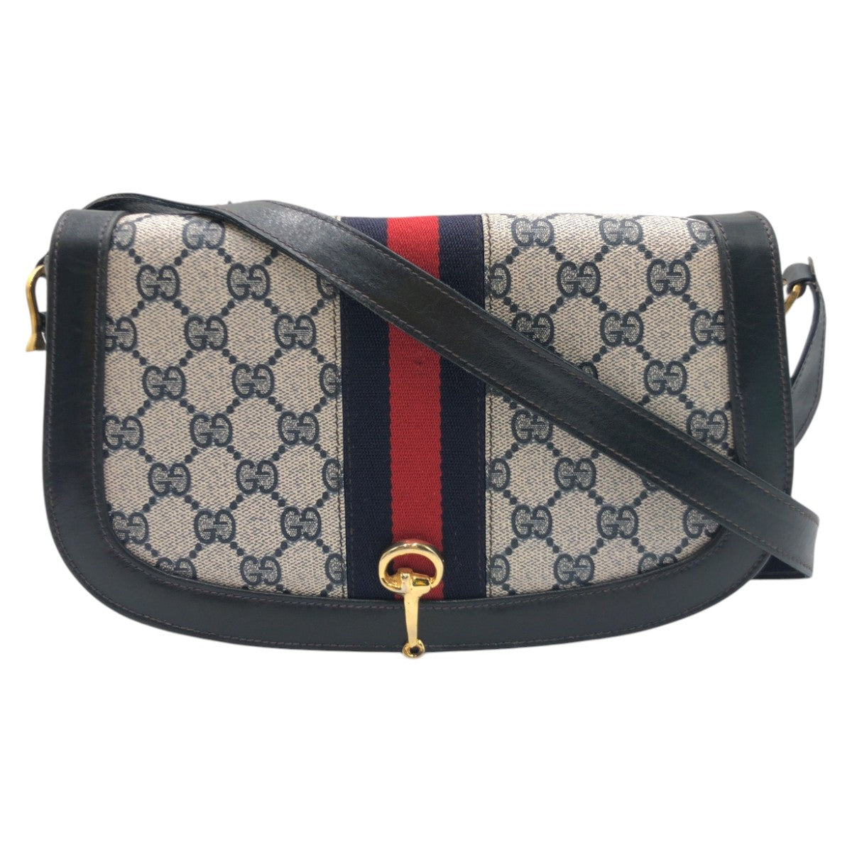 12855
GUCCI グッチ ヴィンテージ シェリーライン オールドグッチ ホースビット ネイビー ゴールド金具 GGスプリームキャンバス 斜め掛け ショルダーバッグ ポシェット  レディース