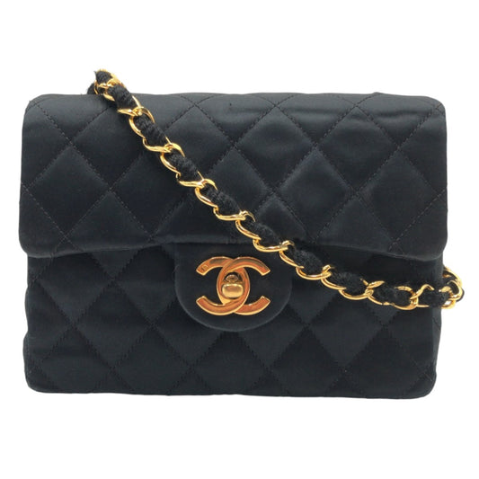 12774
 CHANEL Vintage Mini Matelasse Coco Mark Turnlock Black Gold Hardware Satin Crossbody Shoulder Bag for Women