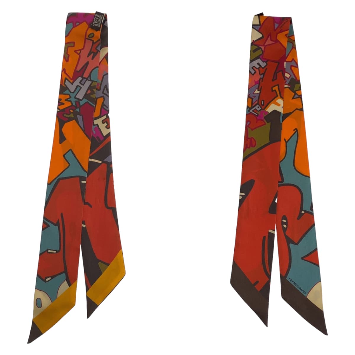 11218
HERMES エルメス GRAFF グラフィティー ツイリー オレンジ マルチカラー シルク スカーフ リボンスカーフ  レディース