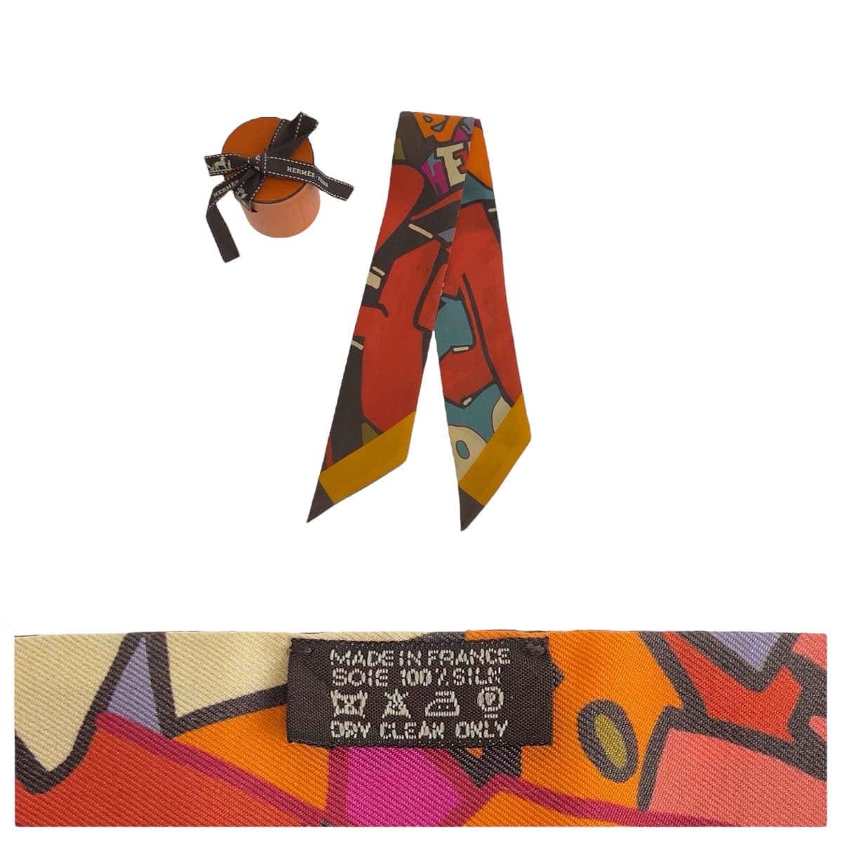 11218
HERMES エルメス GRAFF グラフィティー ツイリー オレンジ マルチカラー シルク スカーフ リボンスカーフ  レディース
