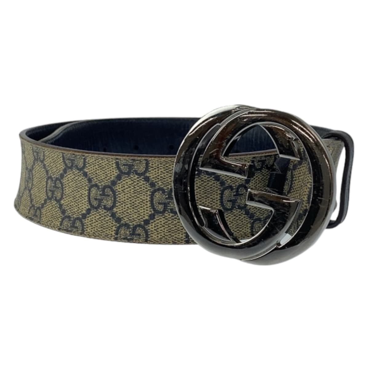 GUCCI グッチ インターロッキング ネイビー ベージュ シルバー金具 GGスプリームキャンバス / レザー 114984 ベルト GGバックル  メンズ
