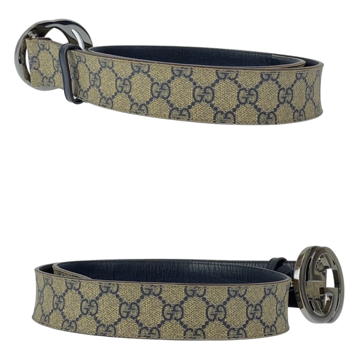 GUCCI グッチ インターロッキング ネイビー ベージュ シルバー金具 GGスプリームキャンバス / レザー 114984 ベルト GGバックル  メンズ