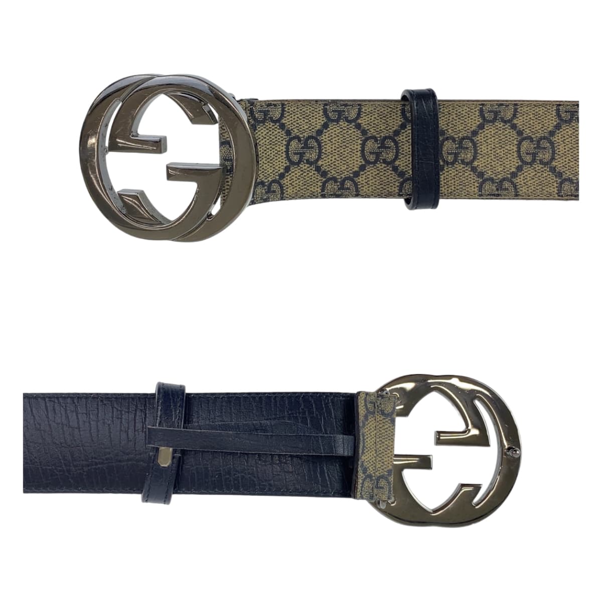 GUCCI グッチ インターロッキング ネイビー ベージュ シルバー金具 GGスプリームキャンバス / レザー 114984 ベルト GGバックル  メンズ