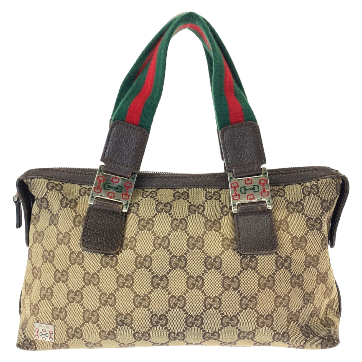 11235
GUCCI グッチ シェリーライン ブラウン レッド グリーン シルバー金具 GGキャンバス ハンドバッグ ミニボストンバッグ  レディース