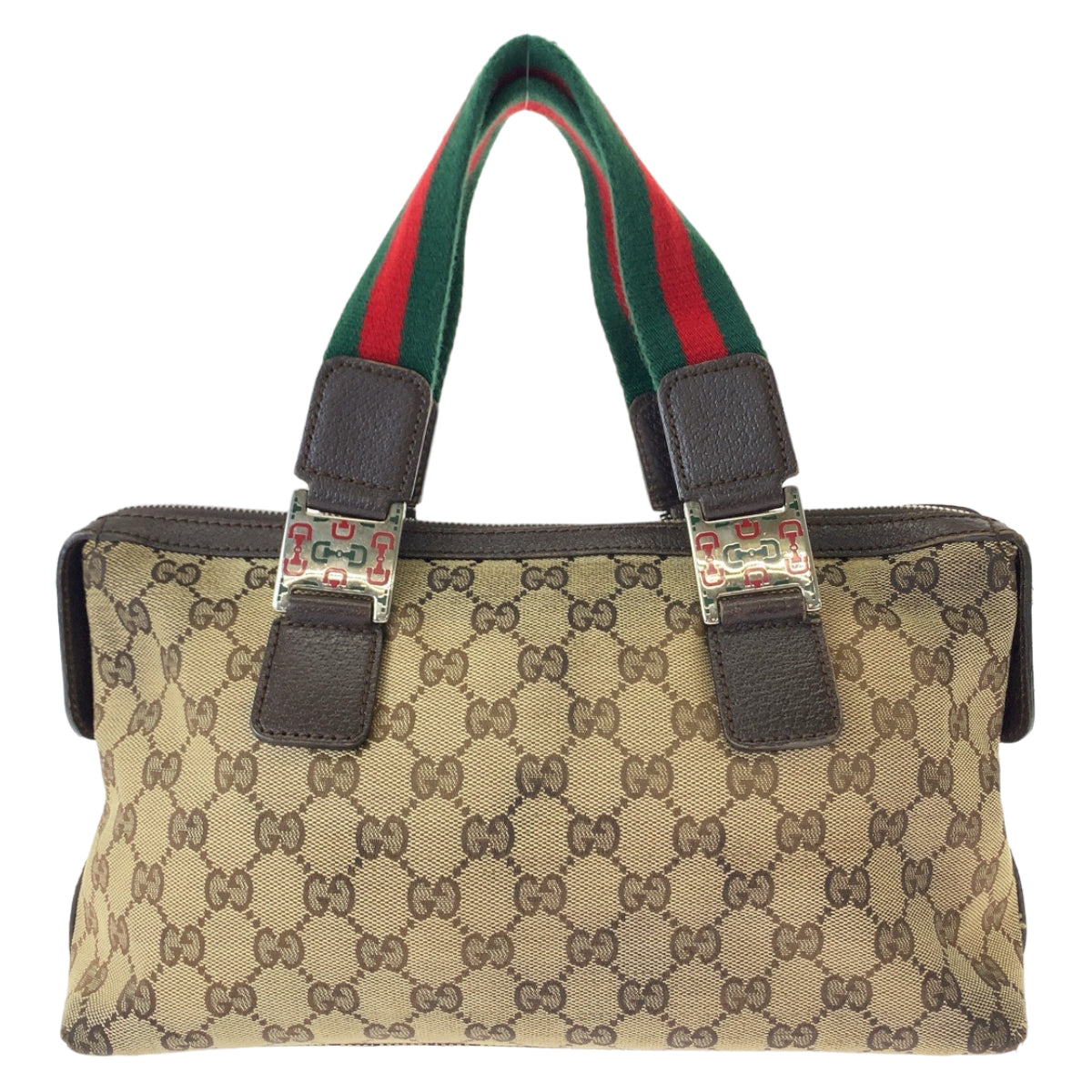 11235
GUCCI グッチ シェリーライン ブラウン レッド グリーン シルバー金具 GGキャンバス ハンドバッグ ミニボストンバッグ  レディース