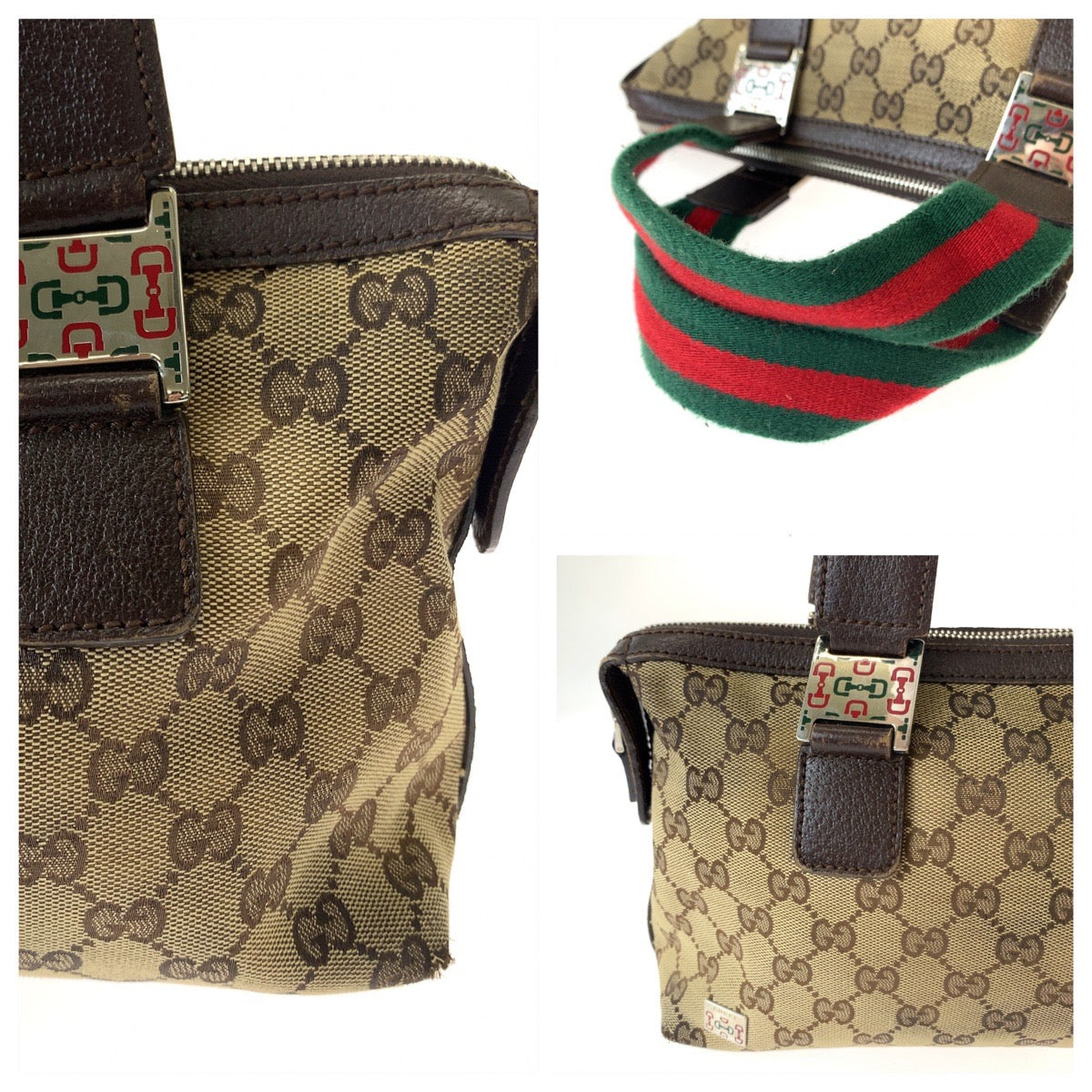 11235
GUCCI グッチ シェリーライン ブラウン レッド グリーン シルバー金具 GGキャンバス ハンドバッグ ミニボストンバッグ  レディース