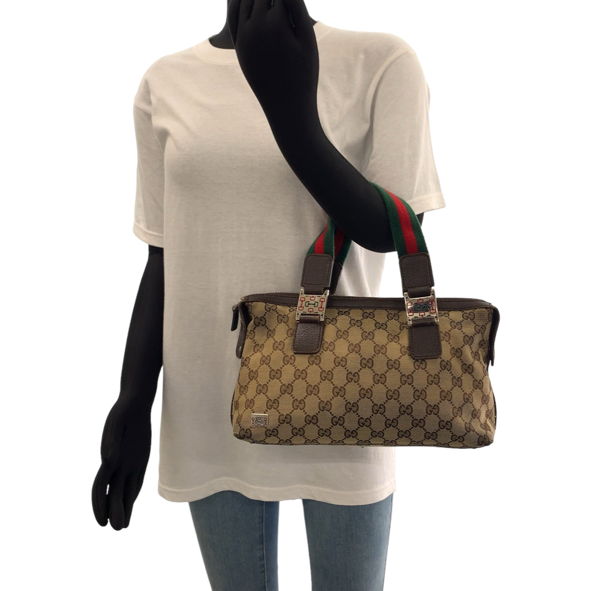 11235
GUCCI グッチ シェリーライン ブラウン レッド グリーン シルバー金具 GGキャンバス ハンドバッグ ミニボストンバッグ  レディース
