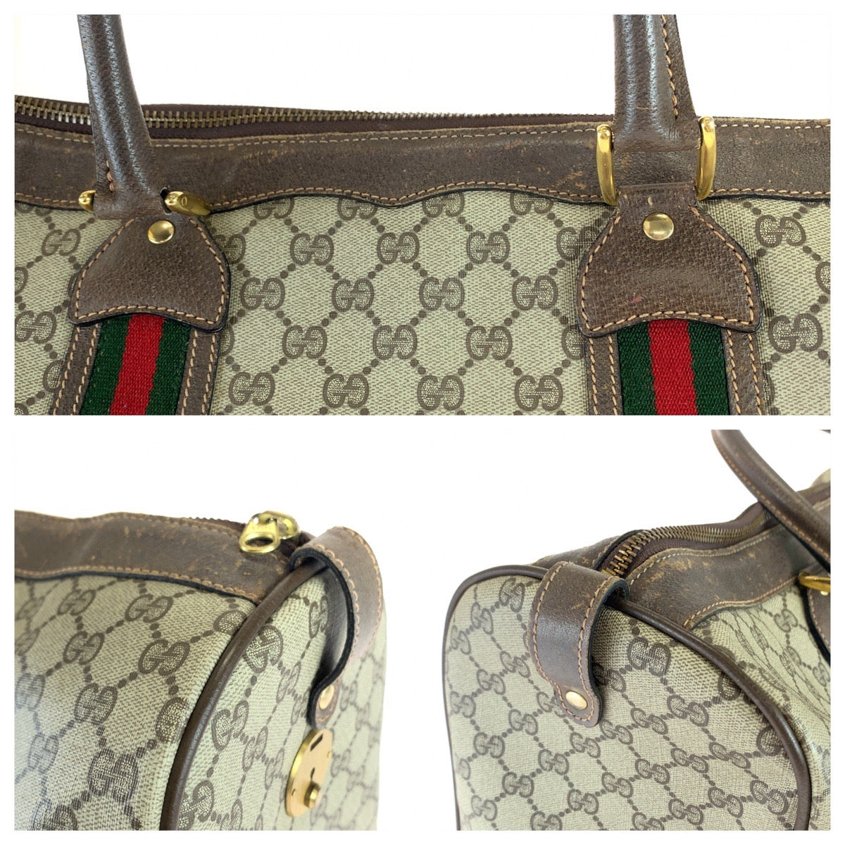 GUCCI グッチ ヴィンテージ オールドグッチ シェリーライン ベージュ ブラウン ゴールド金具 GGスプリームキャンバス / レザー 24 011 534 50 ボストンバッグ ハンドバッグ  レディース